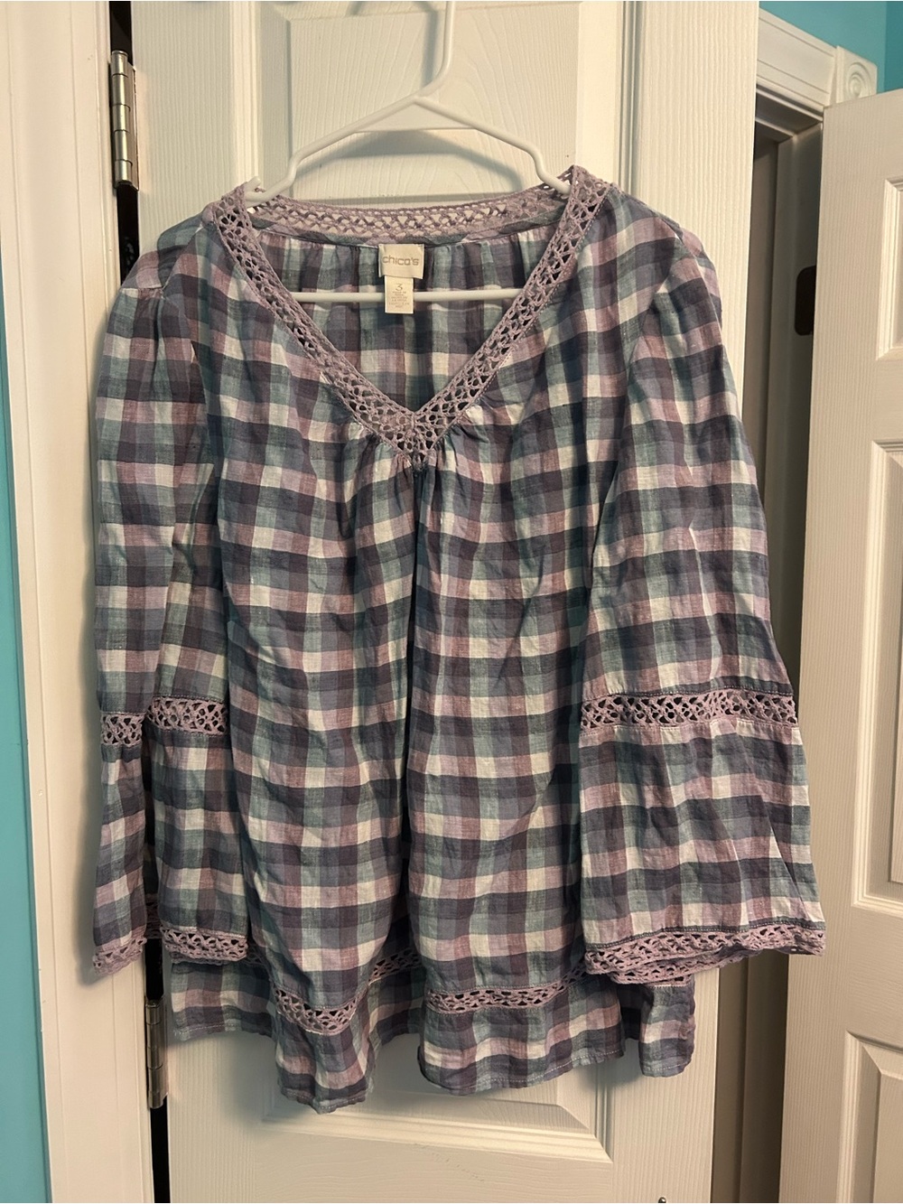 Chico's Lavender and Blue Plaid Crochet-Trim Peasant Top
